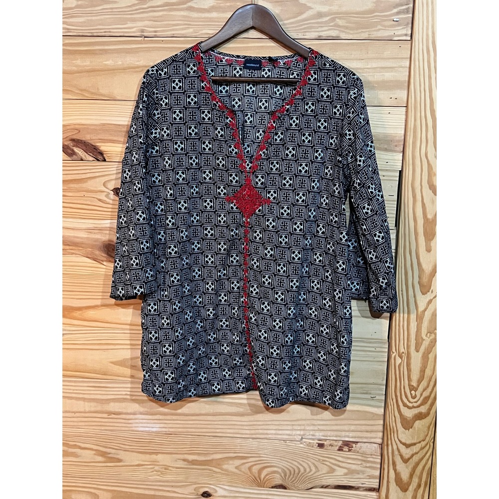 Westbound Womens XL Embroidered V-Neck Cotton Tunic Black Boho 3/4 Sleeve Top